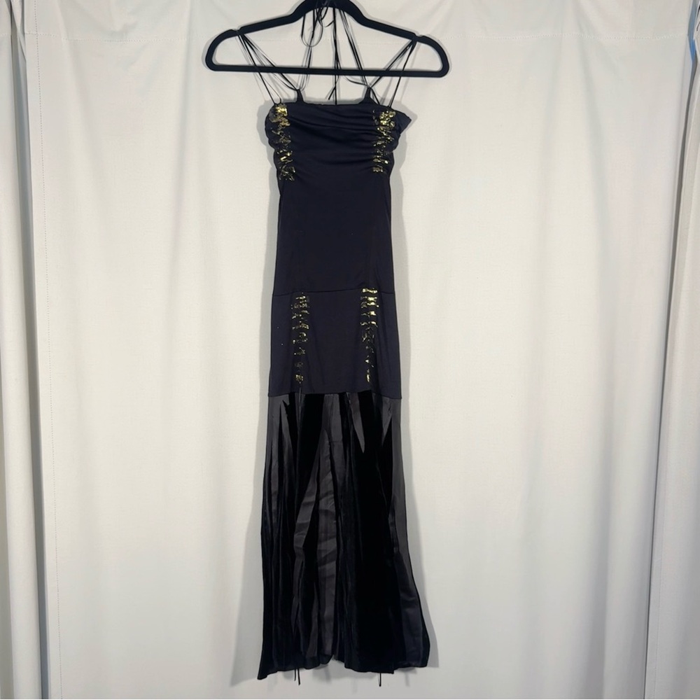 Vintage Marciano Black & Gold Ruched Midi Dress - Picture 1 of 8